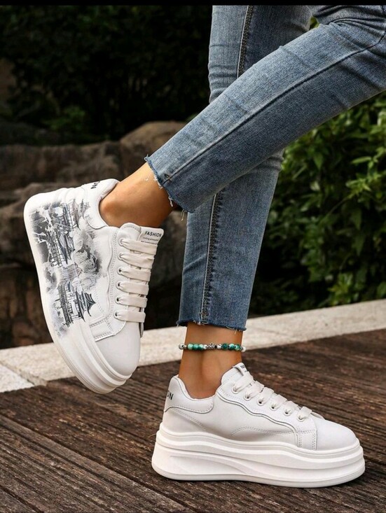 Shoes - *" WHITE PLATFORM SNEAKERS WITH GRAY GRAPHIC DETAIL**"💲💲💲💲💲💲💲